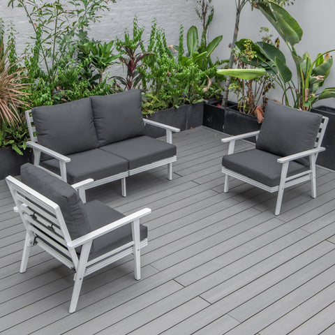 Walbrooke Modern 3-Piece Outdoor Patio Set with Black Aluminum Frame and Removable Cushions Loveseat and Set of 2 Armchairs