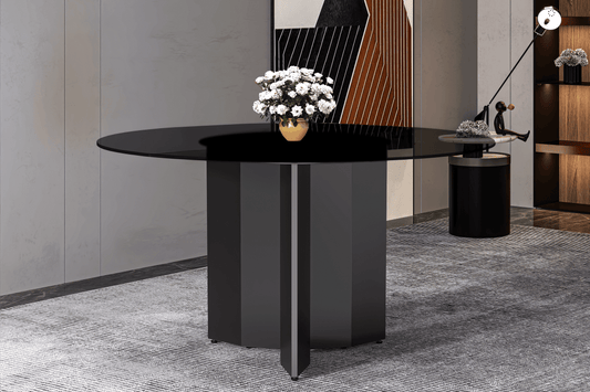 Zevro Round Dining Table with Sintered Stone/Glass Tabletop in Black Stainless Steel