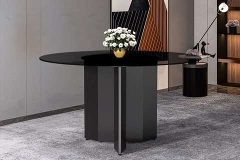 Zevro Round Dining Table with Sintered Stone/Glass Tabletop in Black Stainless Steel