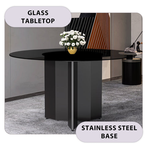 Zevro Round Dining Table with Sintered Stone/Glass Tabletop in Black Stainless Steel