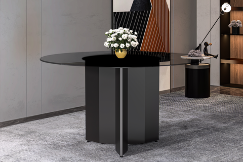 Zevro Round Dining Table with Sintered Stone/Glass Tabletop in Black Stainless Steel