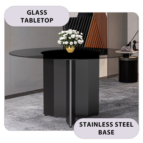 Zevro Round Dining Table with Sintered Stone/Glass Tabletop in Black Stainless Steel