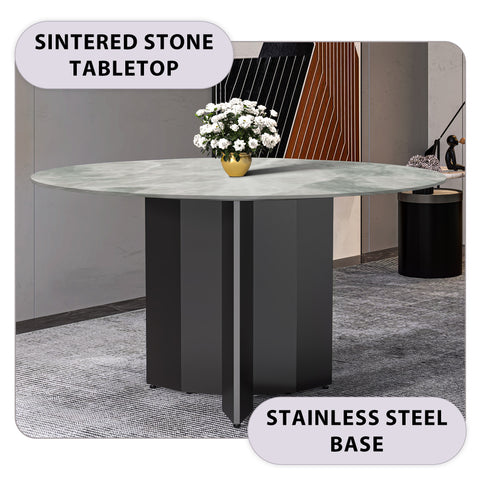 Zevro Round Dining Table with Sintered Stone/Glass Tabletop in Black Stainless Steel