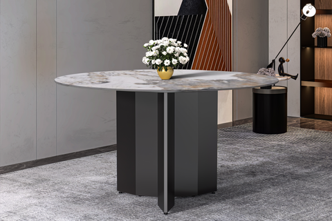 Zevro Round Dining Table with Sintered Stone/Glass Tabletop in Black Stainless Steel