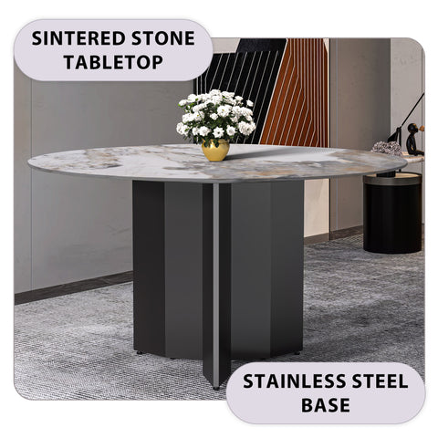 Zevro Round Dining Table with Sintered Stone/Glass Tabletop in Black Stainless Steel