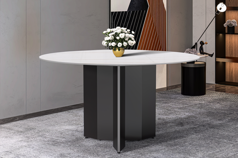 Zevro Round Dining Table with Sintered Stone/Glass Tabletop in Black Stainless Steel