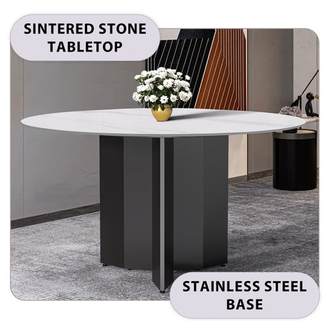 Zevro Round Dining Table with Sintered Stone/Glass Tabletop in Black Stainless Steel