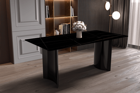 Zara Mid-Century Modern Rectangular Dining Table with Glass/Sintered Stone Top and Stainless Steel Base