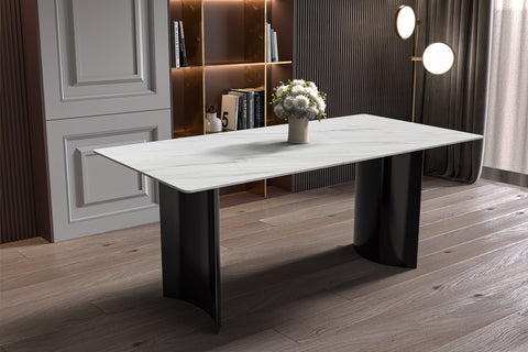 Zara Mid-Century Modern Rectangular Dining Table with Glass/Sintered Stone Top and Stainless Steel Base