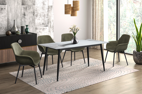 Zayle Modern Dining Table with a Rectangular Glass/Stone Tabletop in Steel