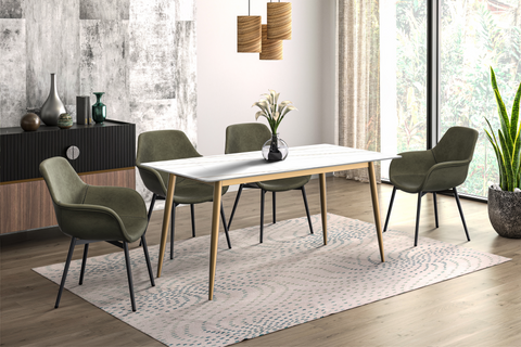 Zayle Modern Dining Table with a Rectangular Glass/Stone Tabletop in Steel