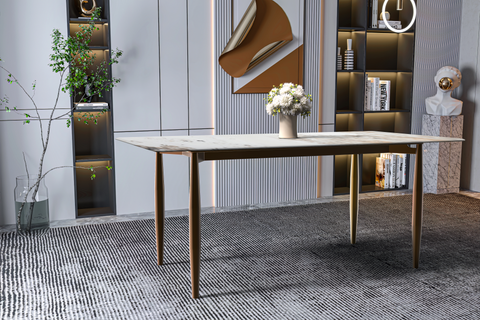 Zayle Modern Dining Table with a Rectangular Glass/Stone Tabletop in Steel