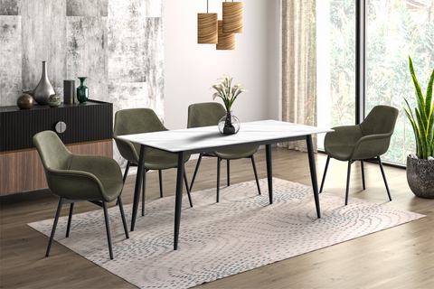 Zayle Modern Rectangular Dining Table with Glass/Stone Tabletop and Black Steel Base