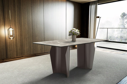 Zelan Mid-Century Modern Dining Table with Rectangular Glass or  Sintered Stone Tabletop and Steel Legs