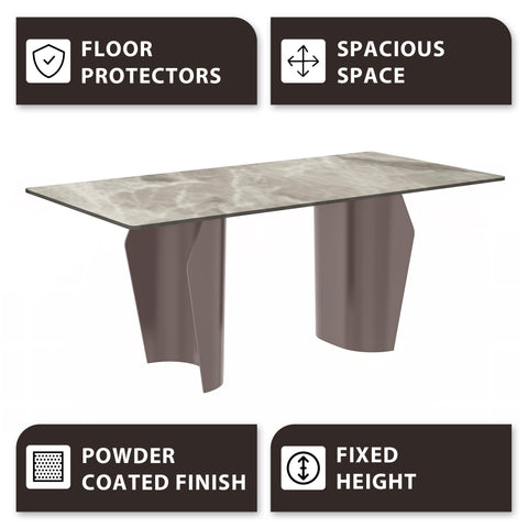 Zelan Dining Table with Rectangular Glass or Sintered Stone Tabletop and Steel Legs