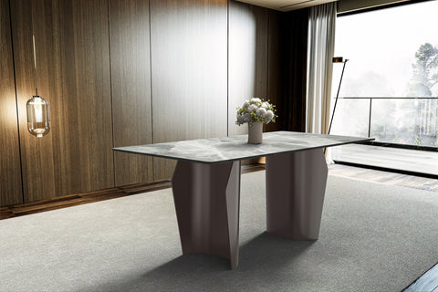 Zelan Mid-Century Modern Dining Table with Rectangular Glass or  Sintered Stone Tabletop and Steel Legs