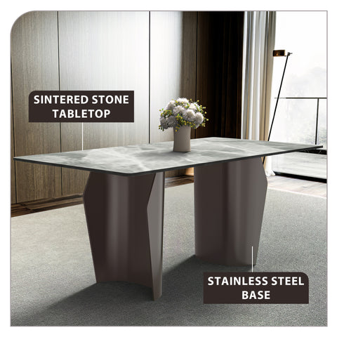 Zelan Dining Table with Rectangular Glass or Sintered Stone Tabletop and Steel Legs